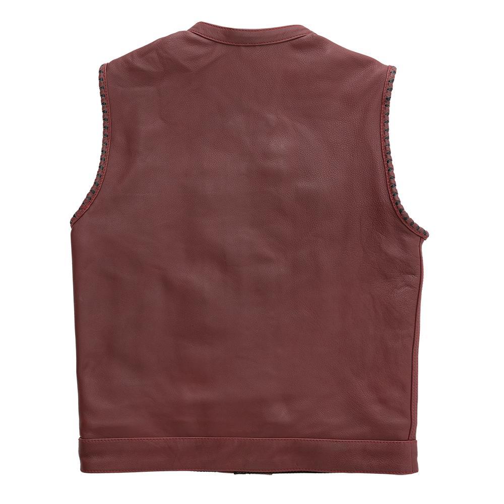 Carmine Men's Club Style Leather Vest in oxblood leather with braided armholes and red stitching.