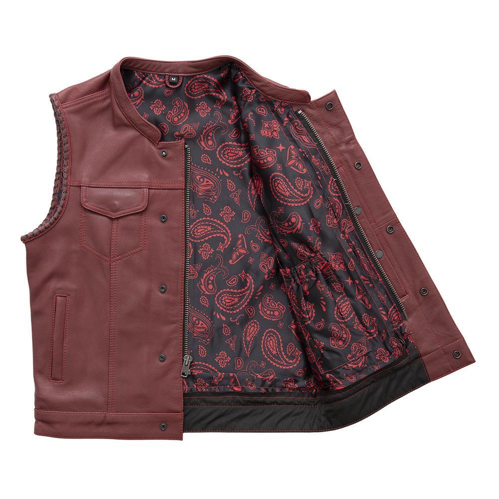 Carmine Men's Club Style Leather Vest in oxblood leather with braided armholes and red stitching.