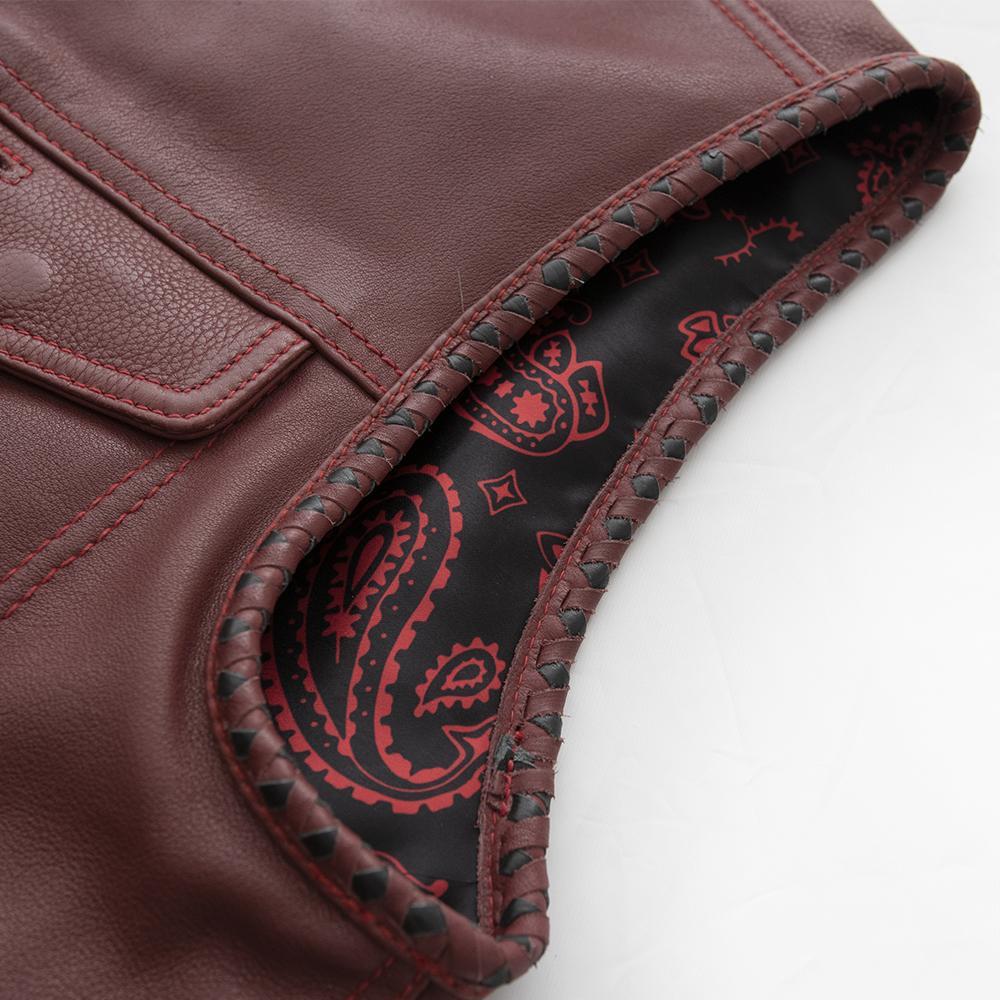 Carmine Men's Club Style Leather Vest in oxblood leather with braided armholes and red stitching.