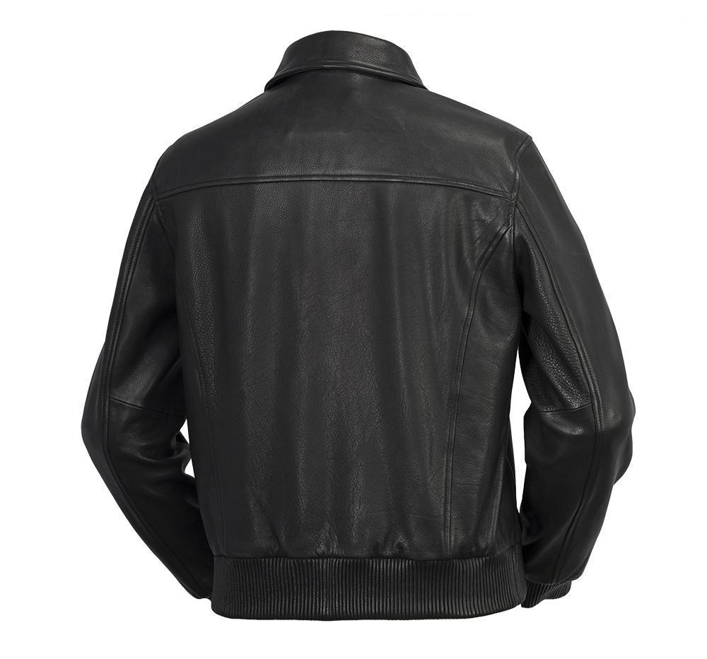 Castor Men's Bomber Leather Jacket made from genuine diamond cowhide leather, featuring ribbed cuffs and waistband, fully lined with two hand pockets.