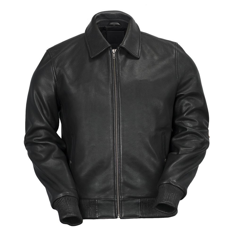 Castor Men's Bomber Leather Jacket made from genuine diamond cowhide leather, featuring ribbed cuffs and waistband, fully lined with two hand pockets.