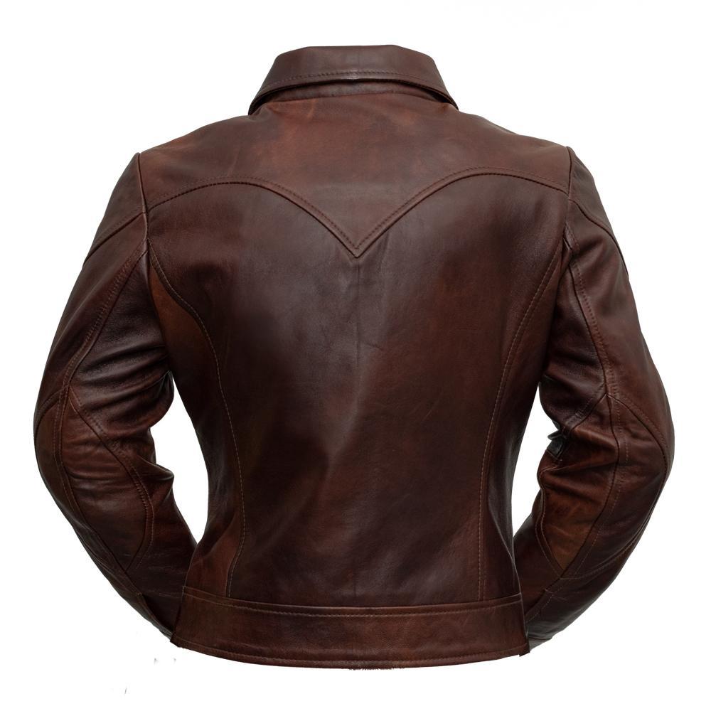 Charlotte Women's Leather Jacket made from 100% lambskin leather, featuring a modern slim fit and long collar design.