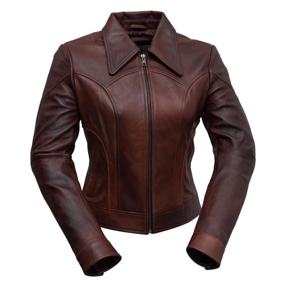 Charlotte Women's Leather Jacket made from 100% lambskin leather, featuring a modern slim fit and long collar design.