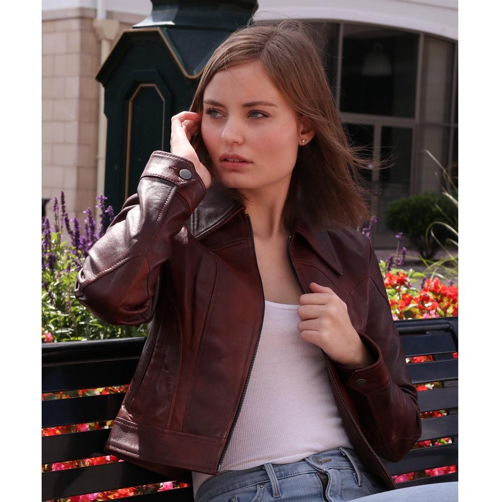 Charlotte lambskin leather jacket featuring a modern slim fit and long collar with front zipper and two cross pockets.