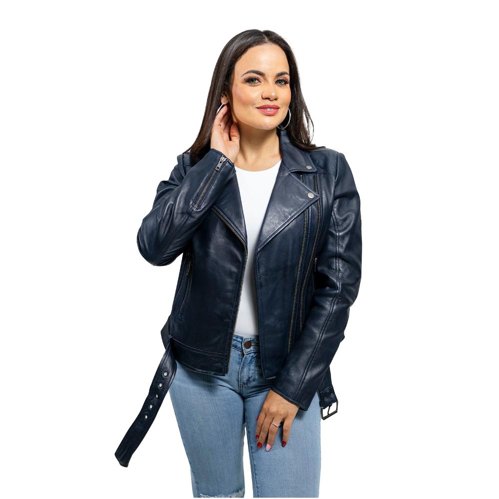 Chloe women's motorcycle leather jacket in lambskin leather with asymmetrical zipper and buckle accents, available in multiple colors.