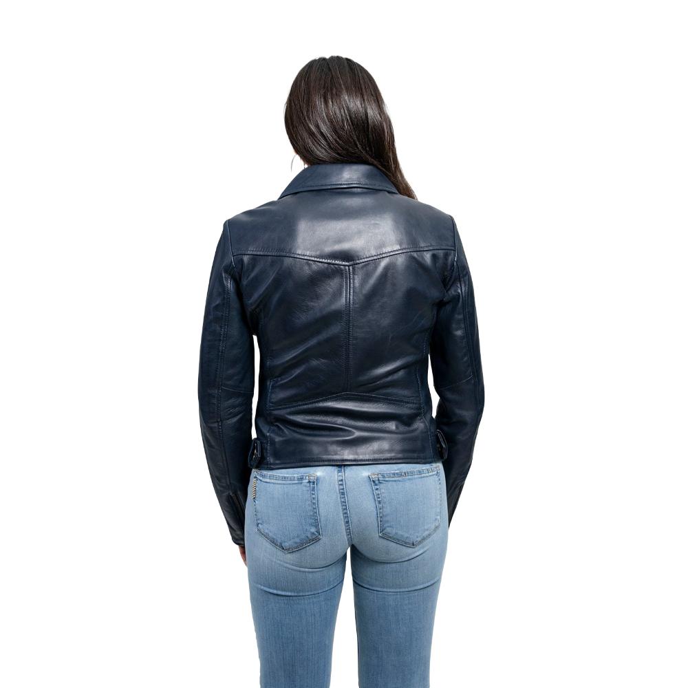 Chloe women's motorcycle leather jacket in lambskin leather with asymmetrical zipper and buckle accents, available in multiple colors.