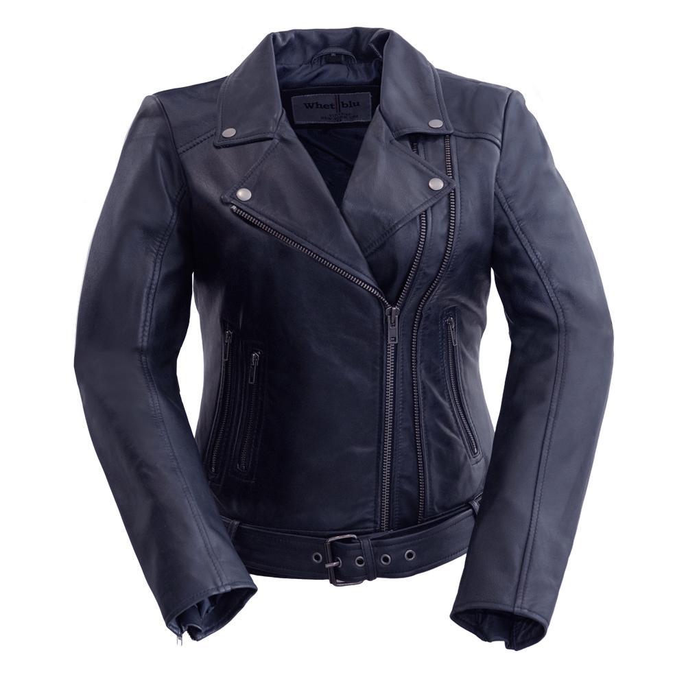 Chloe women's motorcycle leather jacket in lambskin leather with asymmetrical zipper and stylish accents.