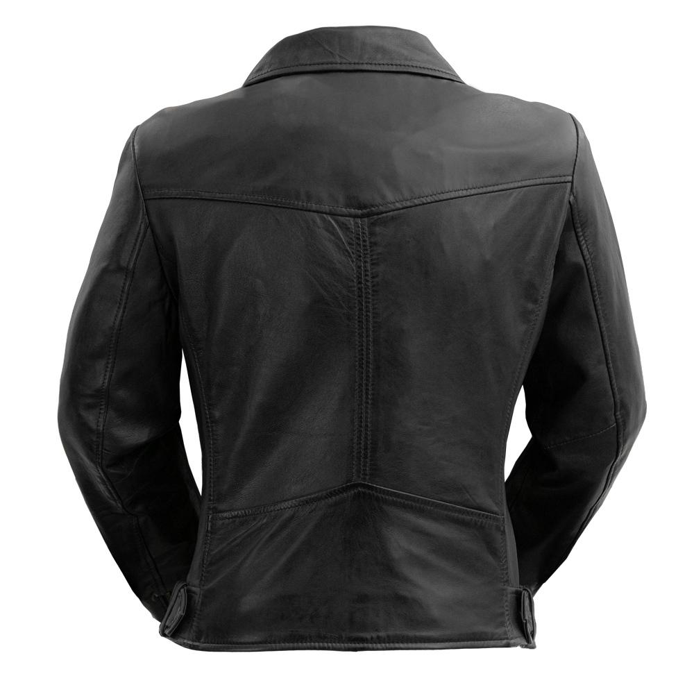 Chloe women's motorcycle leather jacket in lambskin leather with asymmetrical zipper and stylish accents.