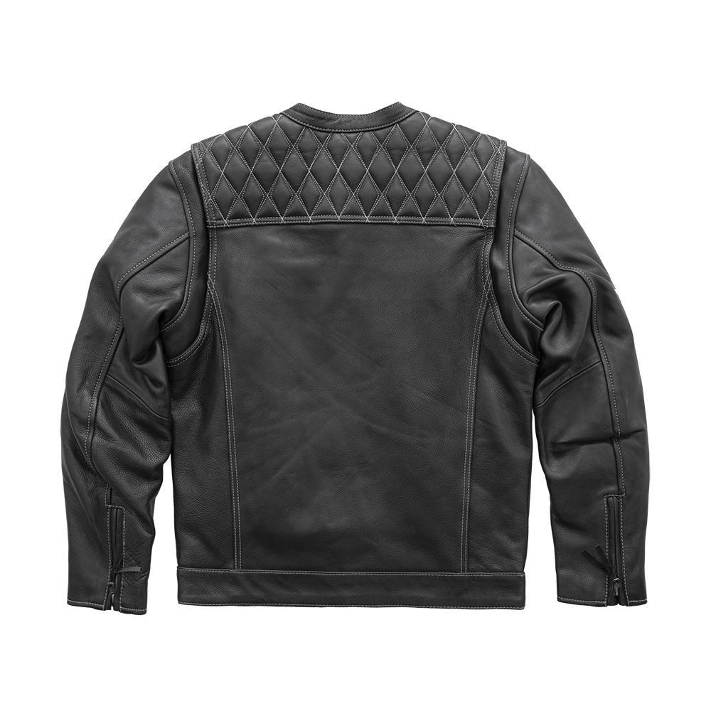 Cinder Men's Scooter Style Leather Jacket in black diamond leather with grey stitching and banded collar.