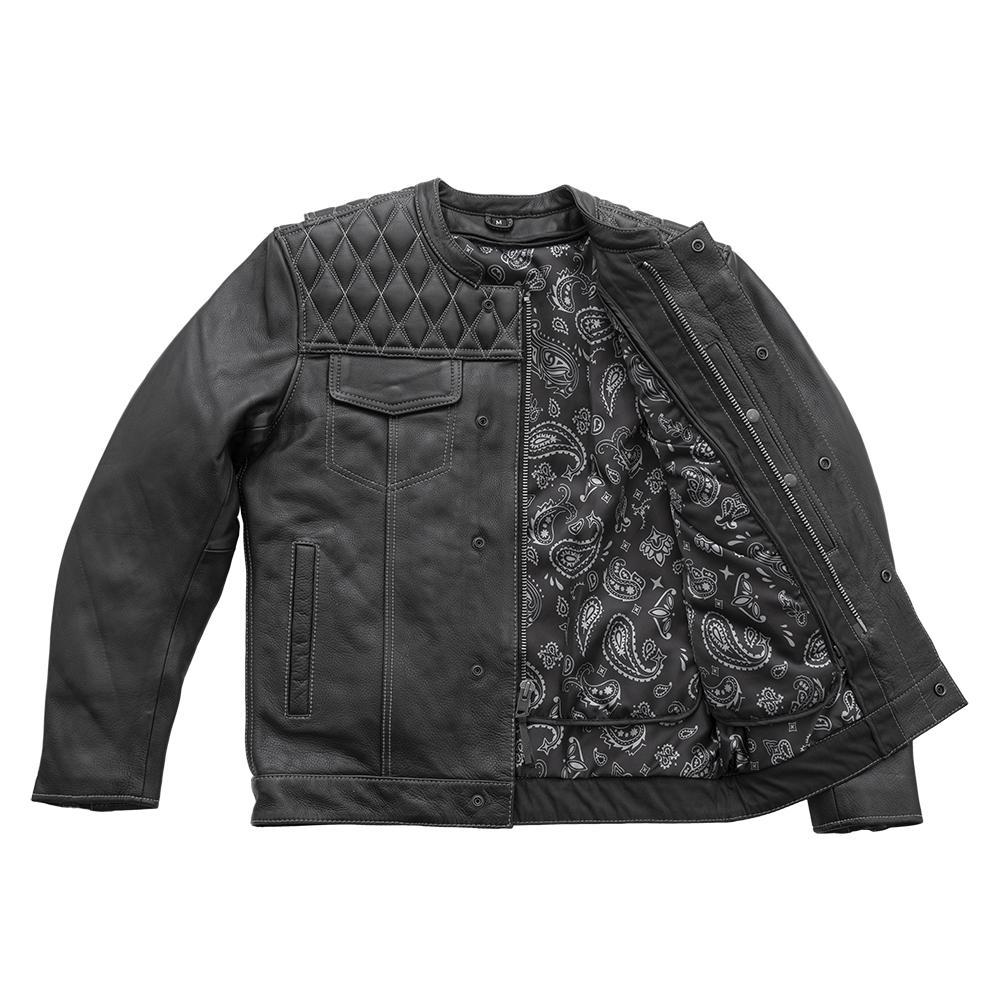 Cinder Men's Scooter Style Leather Jacket in black diamond leather with grey stitching and banded collar.