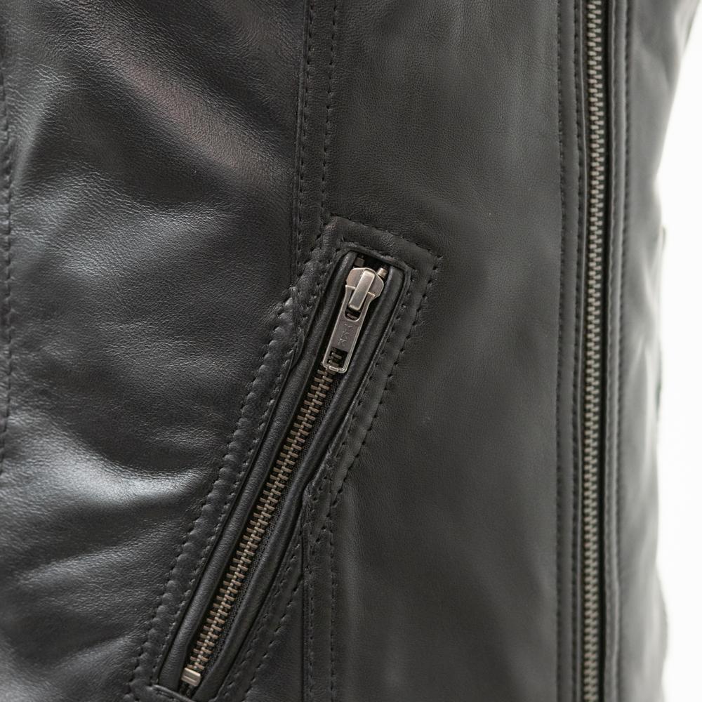 Cindy Women's Motorcycle Leather Vest featuring a V-neck design, center zipper, and stylish side laces.