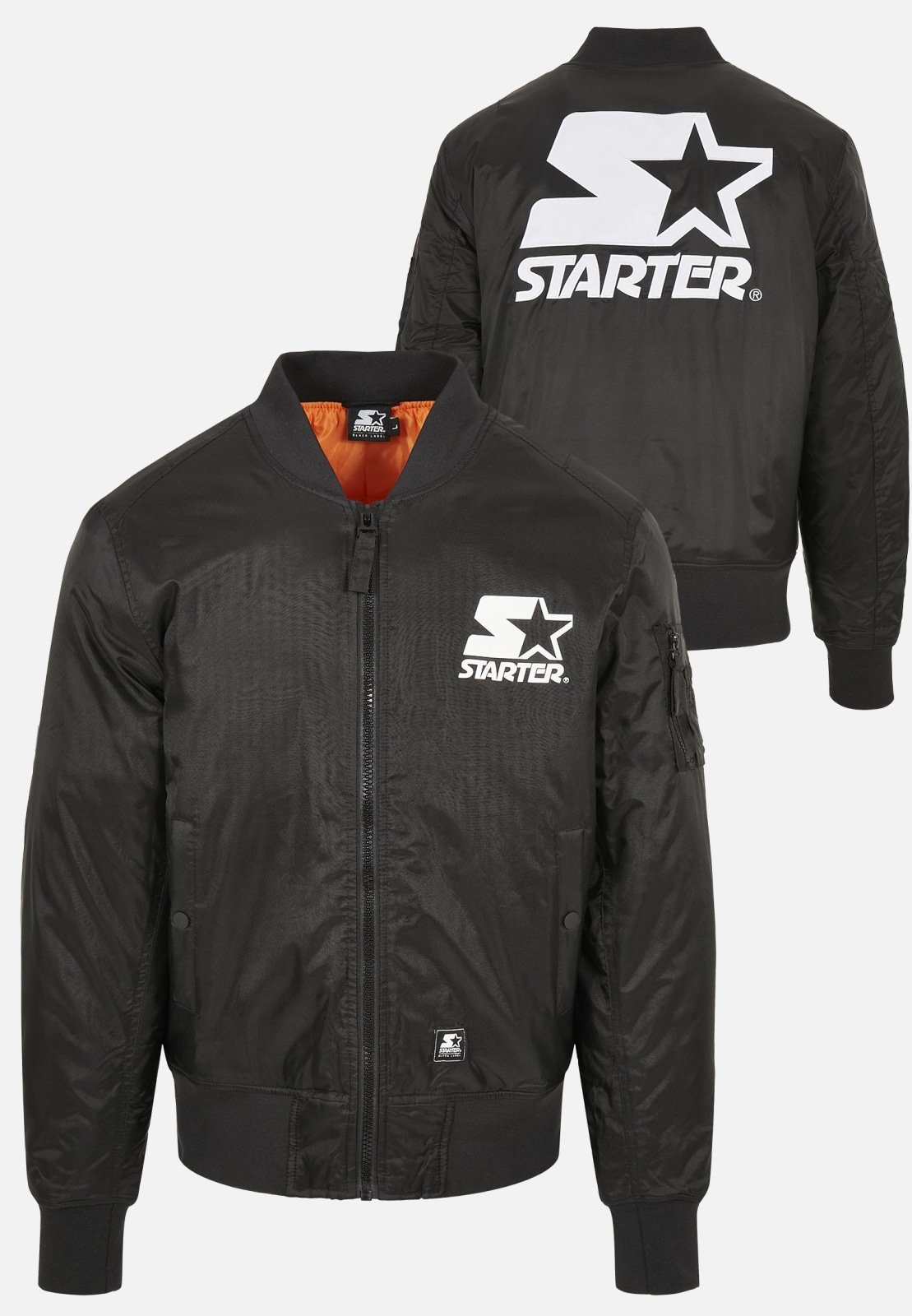 Classic Logo Bomber Jacket featuring a stand-up collar, padding, and zipper, with Starter logo branding on the chest and cuffs.