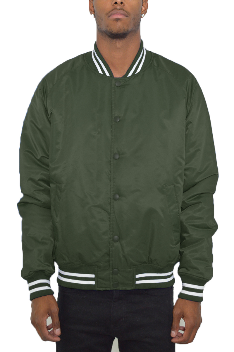 Classic Varsity Bomber Jacket featuring a snap button closure, ribbed collar, waist, and cuffs, displayed on a model.