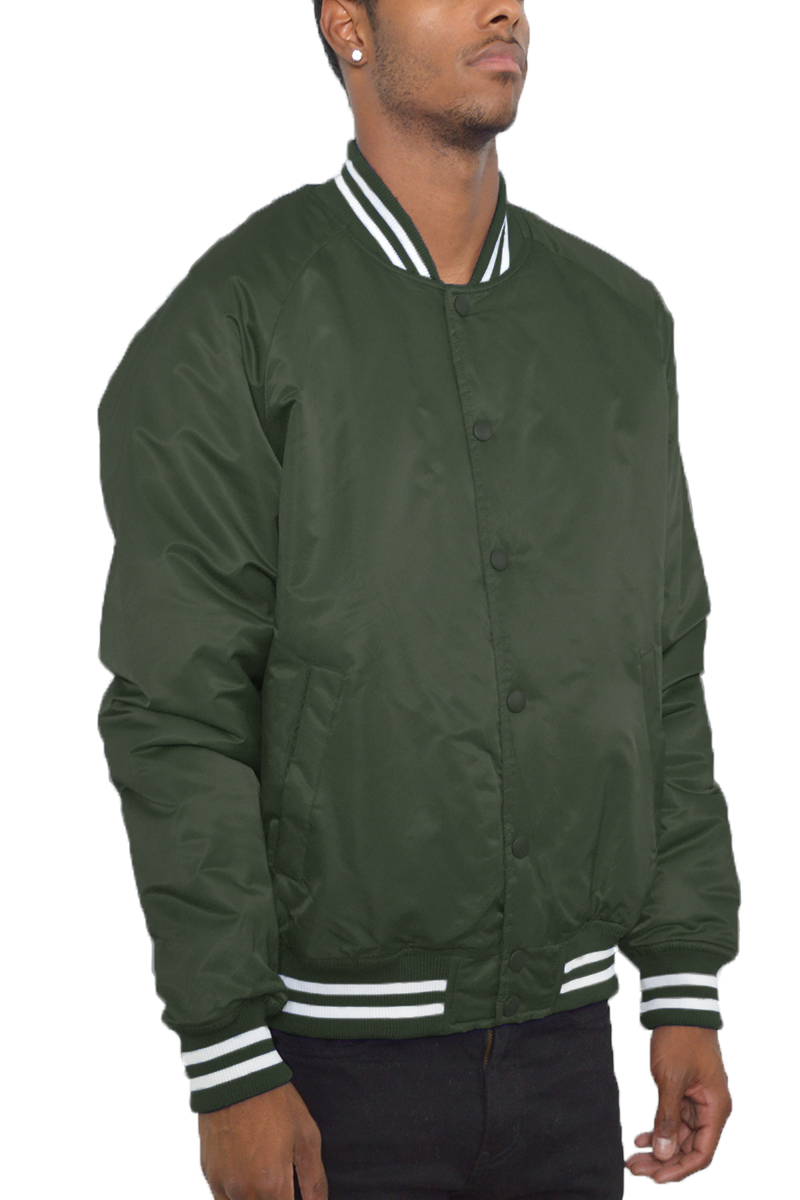 Classic Varsity Bomber Jacket featuring a snap button closure, ribbed collar, waist, and cuffs, displayed on a model.