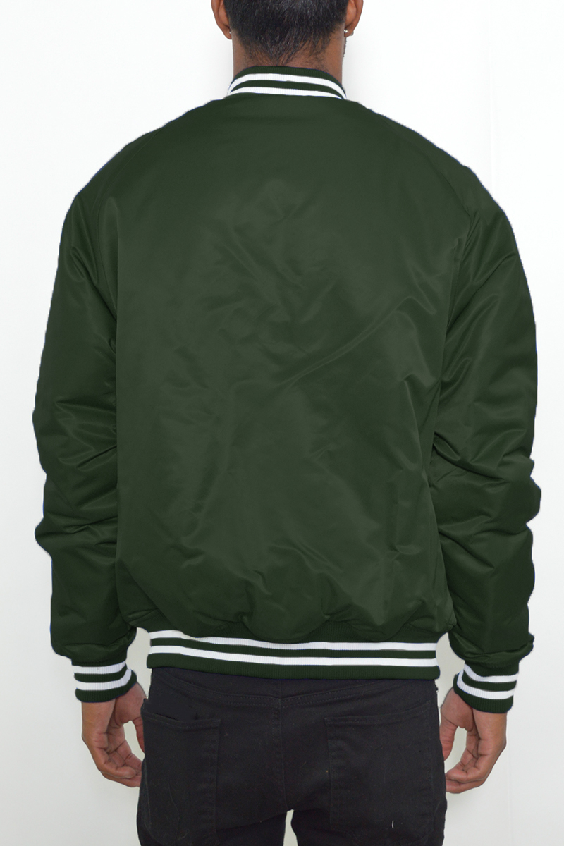 Classic Varsity Bomber Jacket featuring a snap button closure, ribbed collar, waist, and cuffs, displayed on a model.