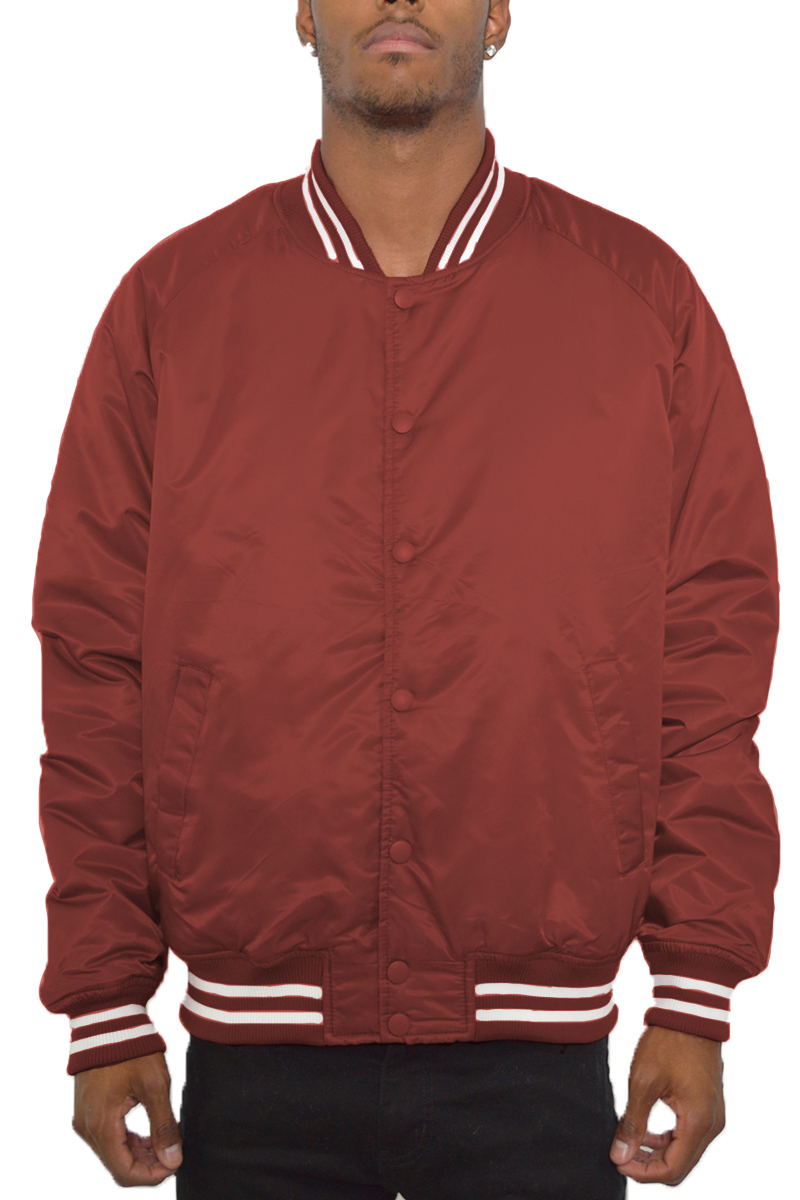 Classic Varsity Bomber Jacket featuring a snap button closure and ribbed details, perfect for casual wear.