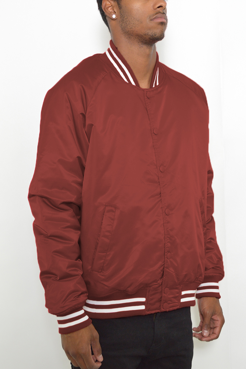 Classic Varsity Bomber Jacket featuring a snap button closure and ribbed details, perfect for casual wear.