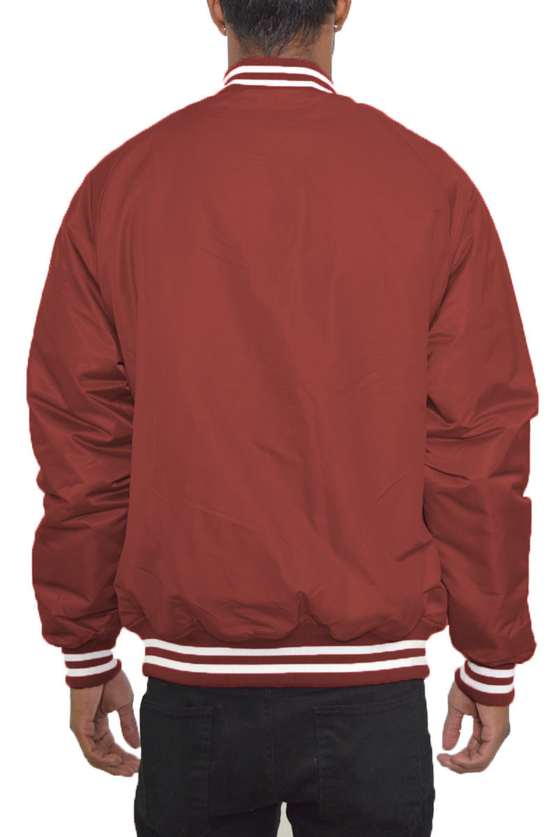 Classic Varsity Bomber Jacket featuring a snap button closure and ribbed details, perfect for casual wear.