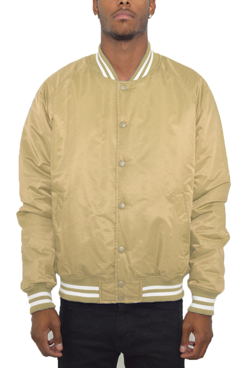 Classic Varsity Bomber Jacket featuring snap button closure and ribbed details, perfect for casual wear.