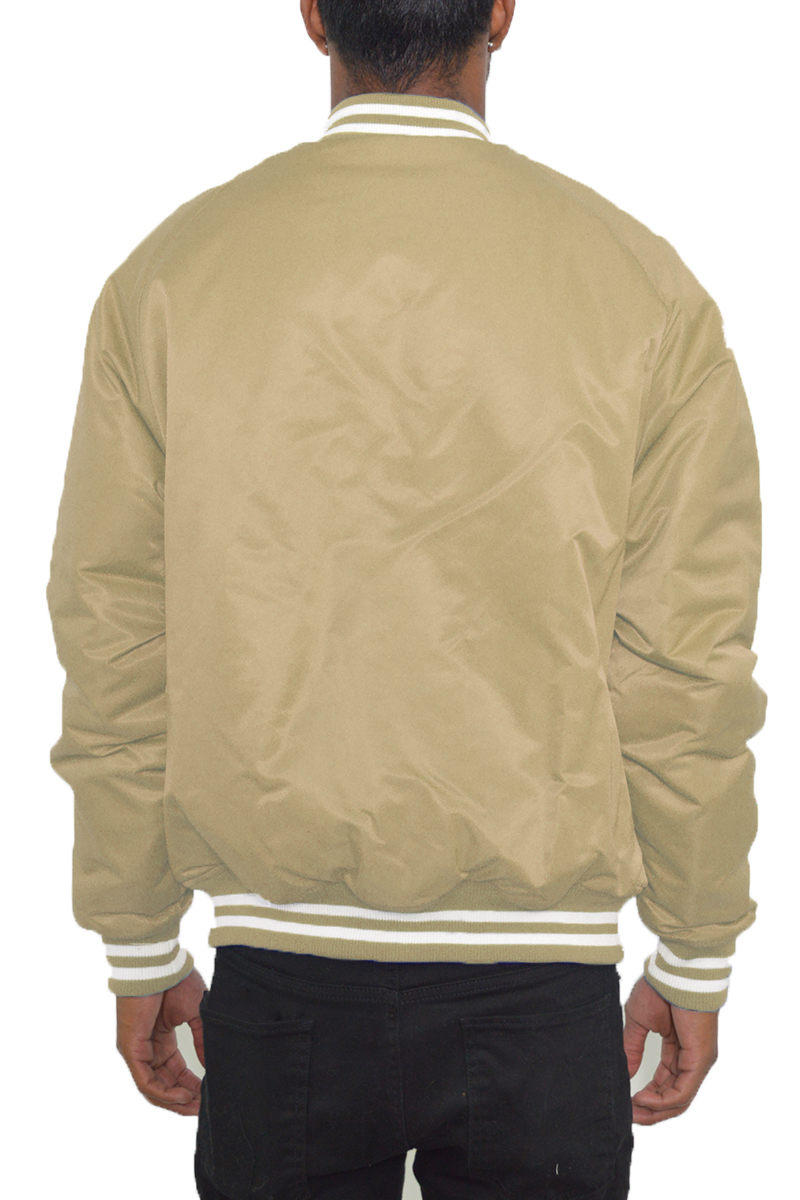 Classic Varsity Bomber Jacket featuring snap button closure and ribbed details, perfect for casual wear.