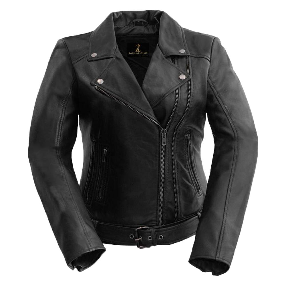 Classic Women's Leather Jacket made from 100% genuine lambskin leather featuring an angled zipper and zippered sleeves.