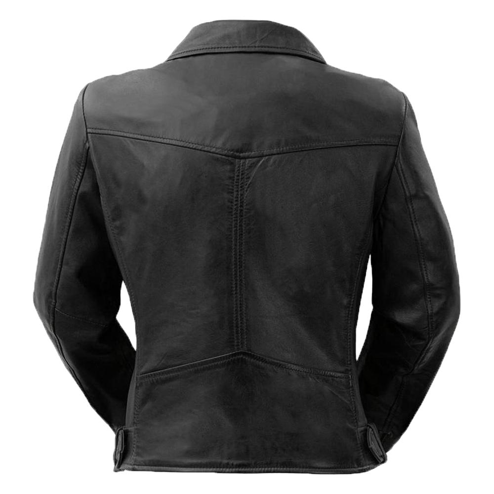 Classic Women's Leather Jacket made from 100% genuine lambskin leather featuring an angled zipper and zippered sleeves.