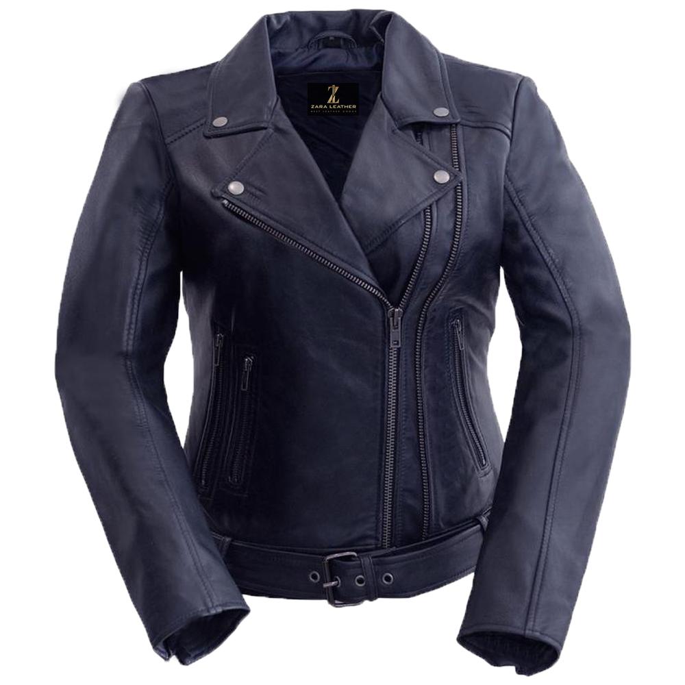 Classic Women's Leather Jacket made from 100% genuine lambskin leather featuring an angled zipper and zippered sleeves.