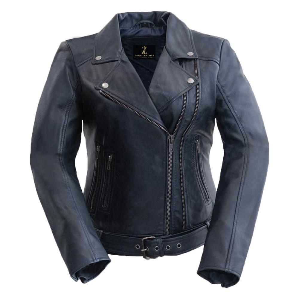 Classic Women's Leather Jacket made from 100% genuine lambskin leather featuring an angled zipper and zippered sleeves.