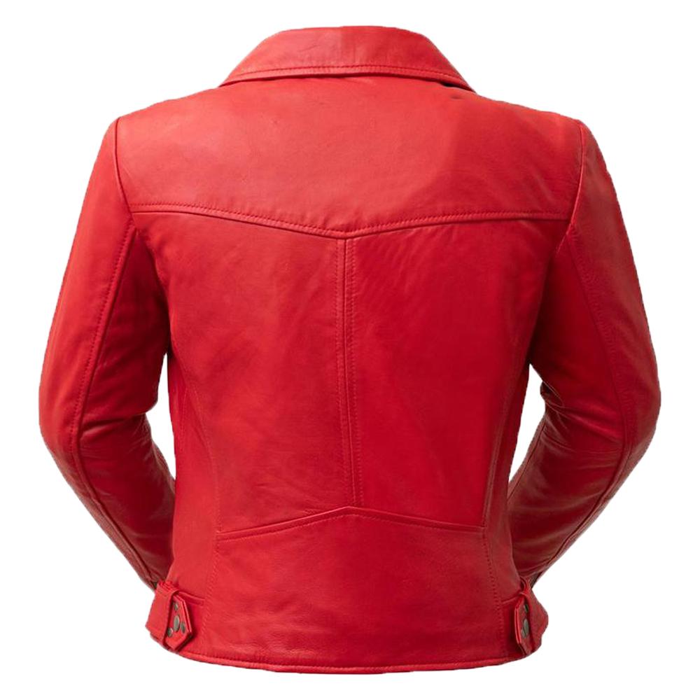 Classic Women's Leather Jacket made from 100% genuine lambskin leather featuring an angled zipper and zippered sleeves.