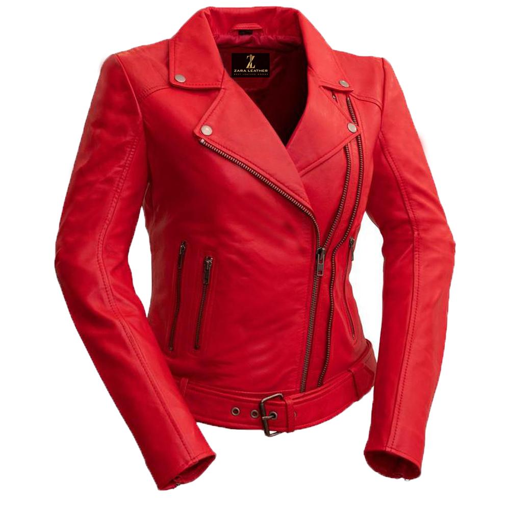 Classic Women's Leather Jacket made from 100% genuine lambskin leather featuring an angled zipper and zippered sleeves.