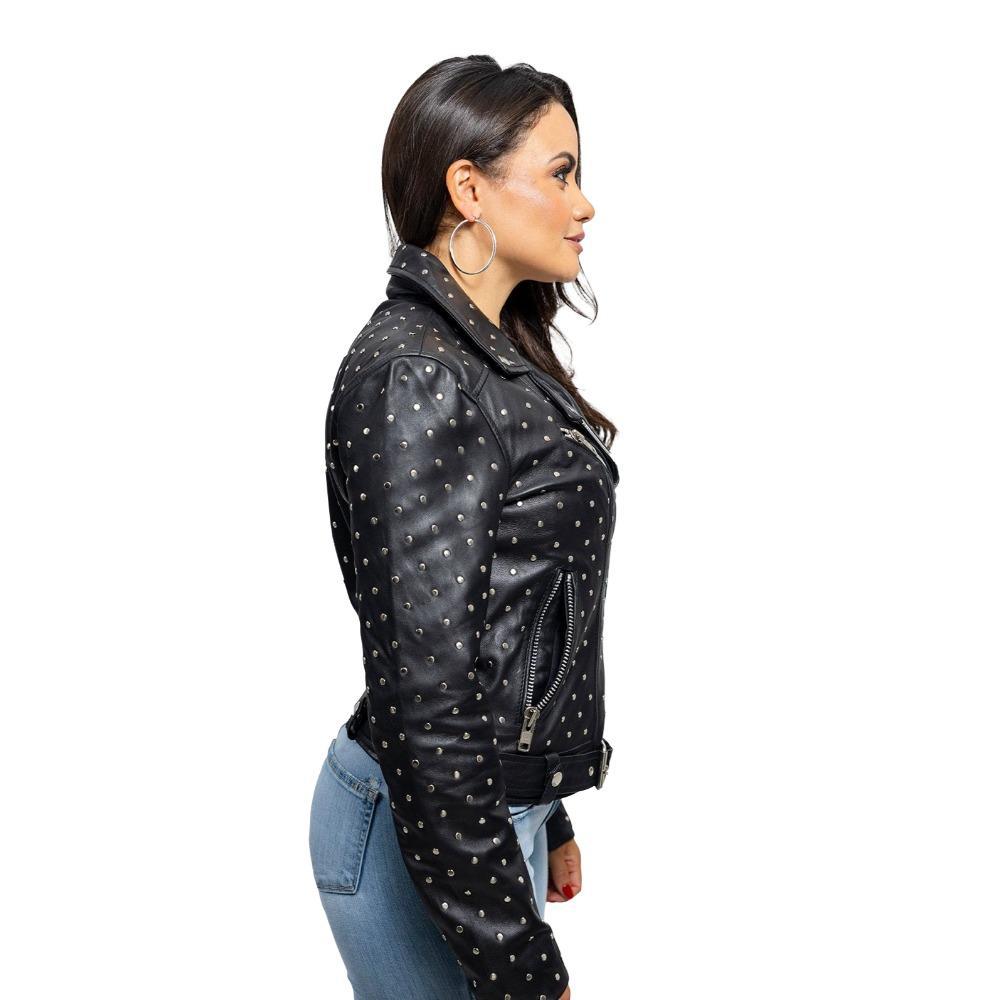 Claudia women's asymmetrical studded jacket made of lamb skin, featuring handcrafted studs and a stylish crossover motorcycle design.