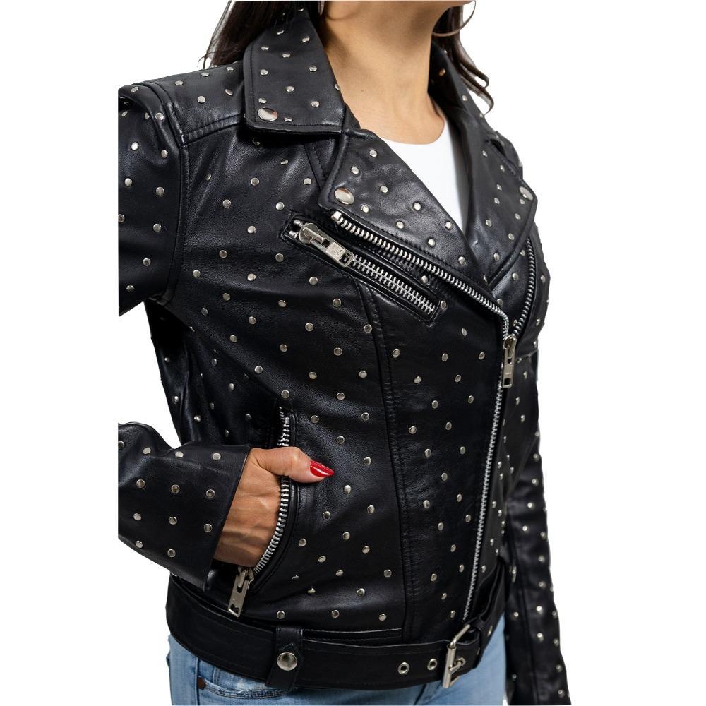 Claudia women's asymmetrical studded jacket made of lamb skin, featuring handcrafted studs and a stylish crossover motorcycle design.