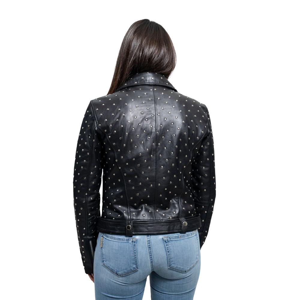 Claudia women's asymmetrical studded jacket made of lamb skin, featuring handcrafted studs and a stylish crossover motorcycle design.