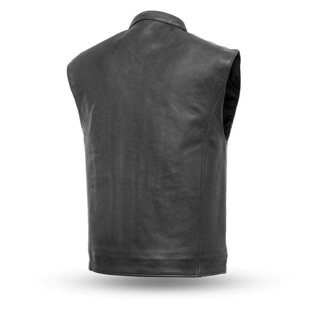 Club House jacket made from 1.1-1.2mm drum dye naked cowhide, featuring a banded collar and center zipper.