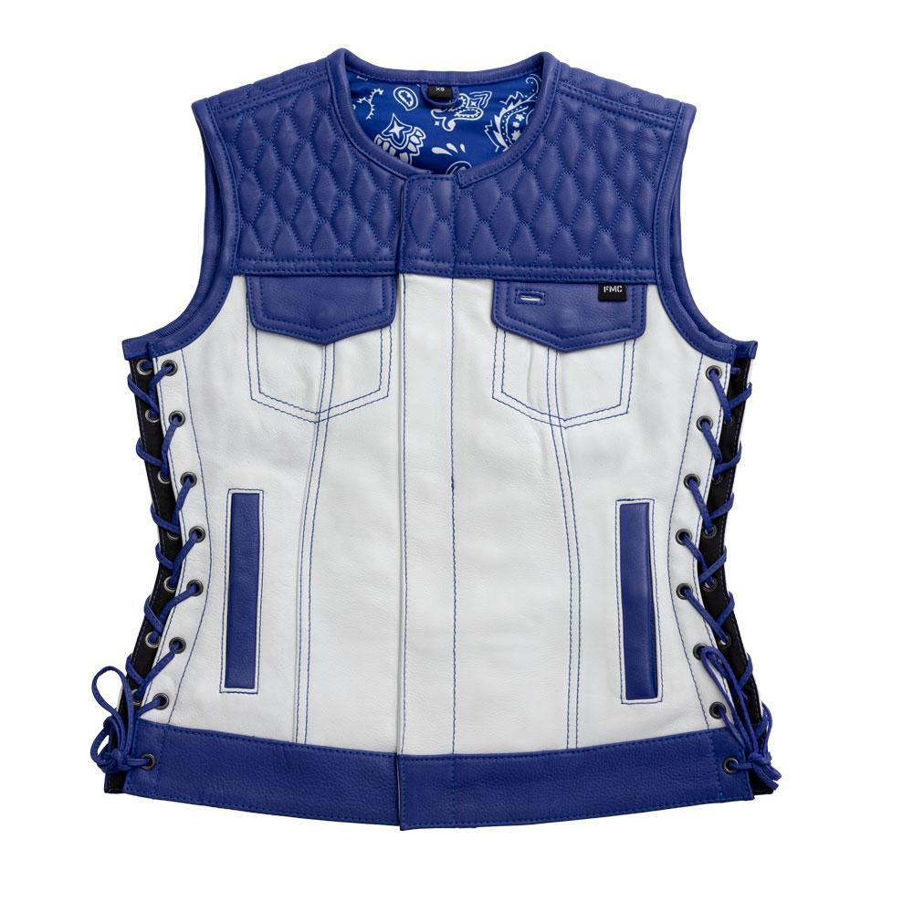 Cobalt Women's Club Style Motorcycle Leather Vest featuring woodland camo accents and white leather torso.