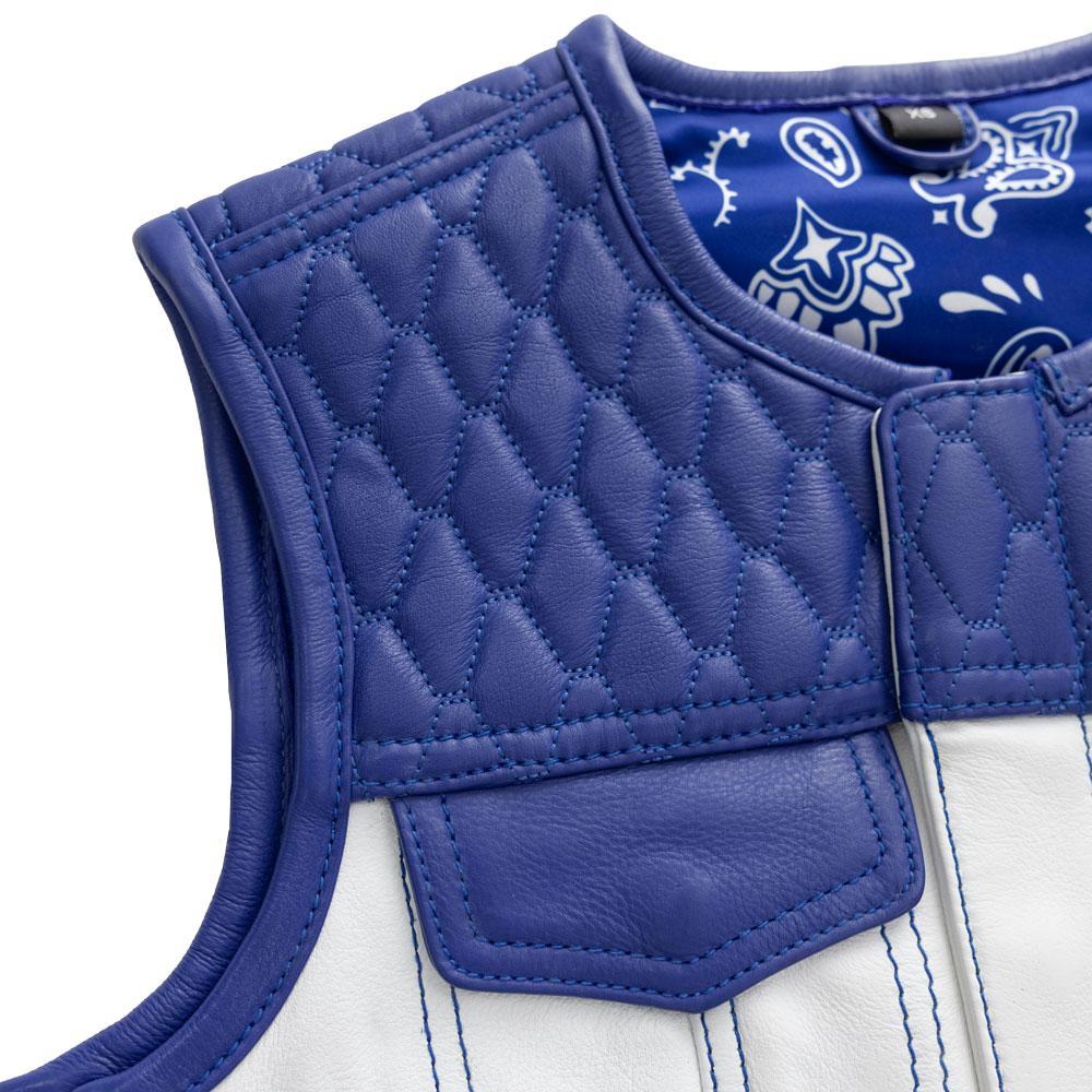 Cobalt Women's Club Style Motorcycle Leather Vest featuring woodland camo accents and white leather torso.