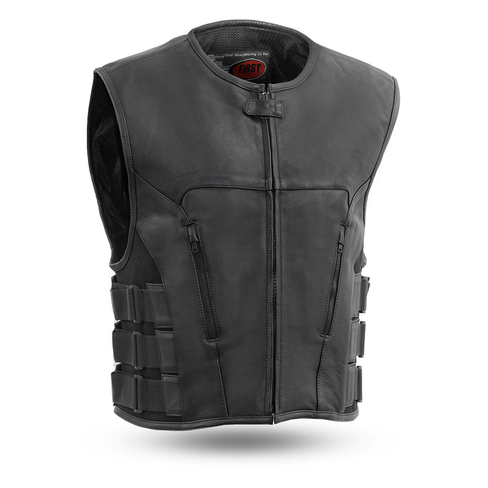 Commando Men's Motorcycle Swat Style Leather Vest featuring a roll-up collar, concealed carry pockets, and durable cowhide leather.