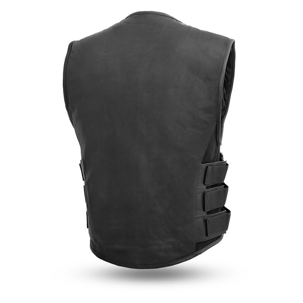 Commando Men's Motorcycle Swat Style Leather Vest featuring a roll-up collar, concealed carry pockets, and durable cowhide leather.