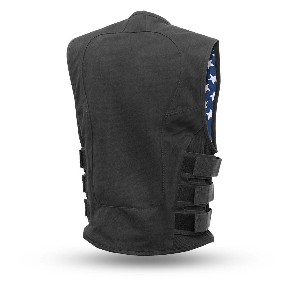 Commando Swat Style Canvas Vest featuring a roll-up collar, concealed carry pockets, and adjustable side panels.