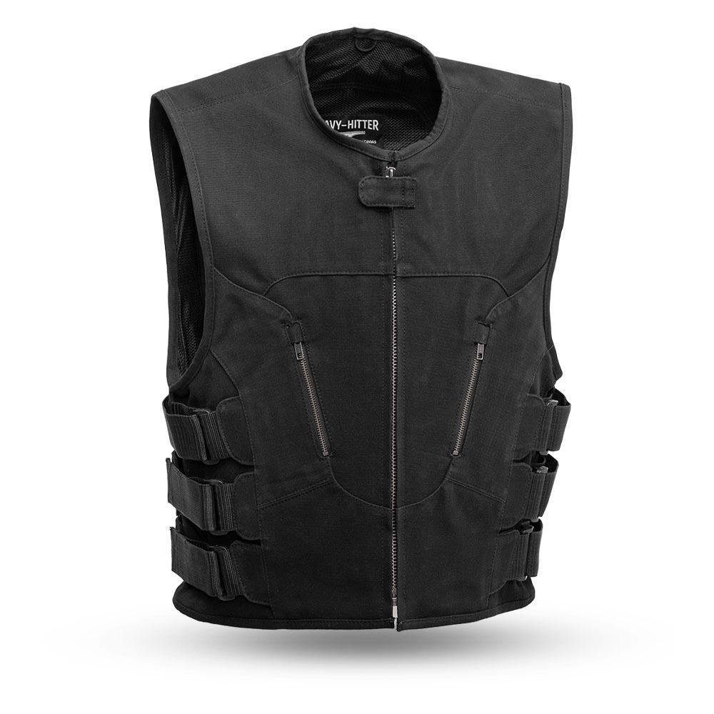 Commando Swat Style Canvas Vest featuring a roll-up collar, concealed carry pockets, and adjustable side panels.