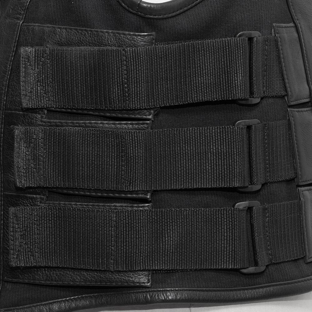 Commando Swat Style Leather Club Vest featuring a roll-up collar, concealed carry pockets, and adjustable side panels.