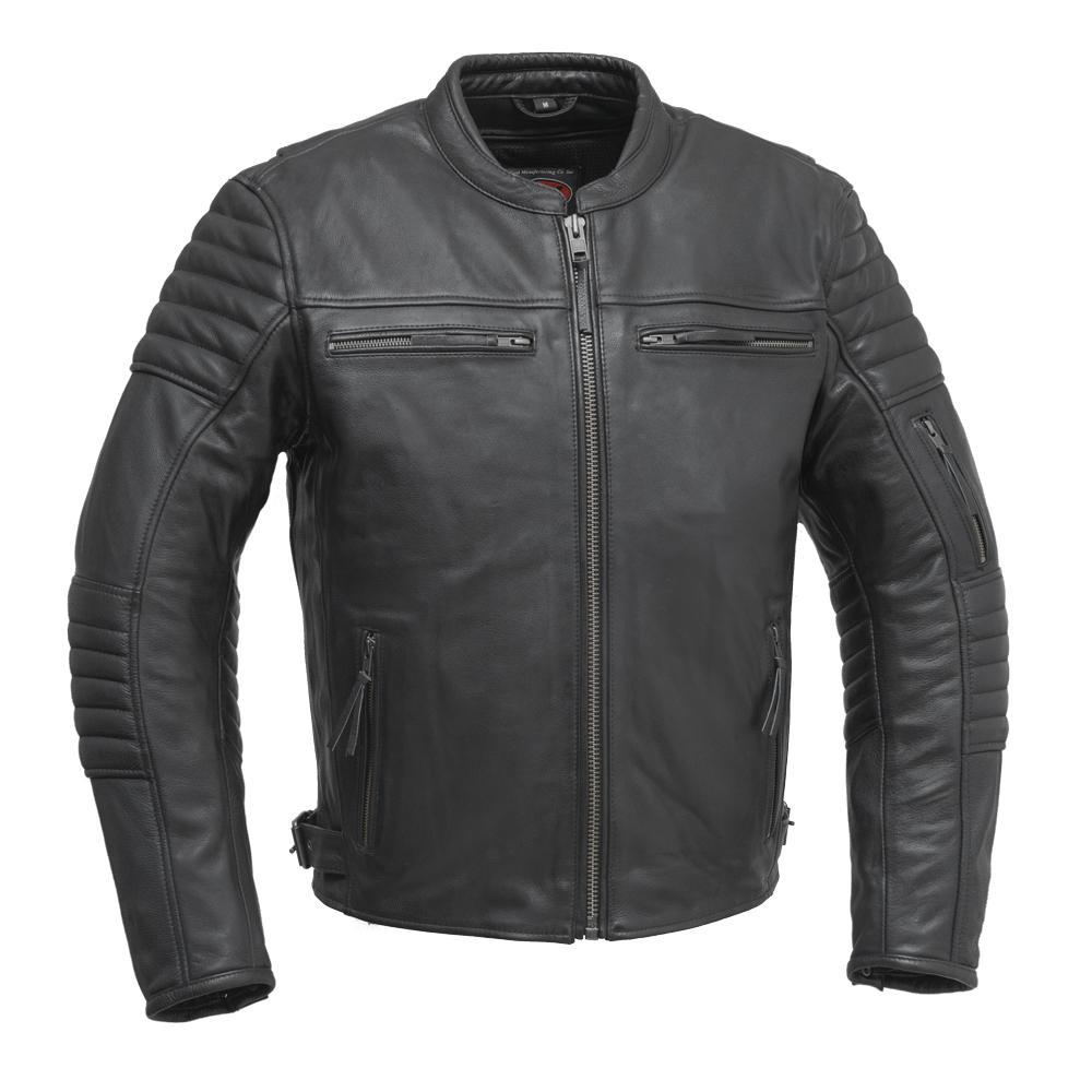 Commuter Men's Motorcycle Leather Jacket in black, featuring vintage naked cowhide, padded shoulders, and multiple pockets.