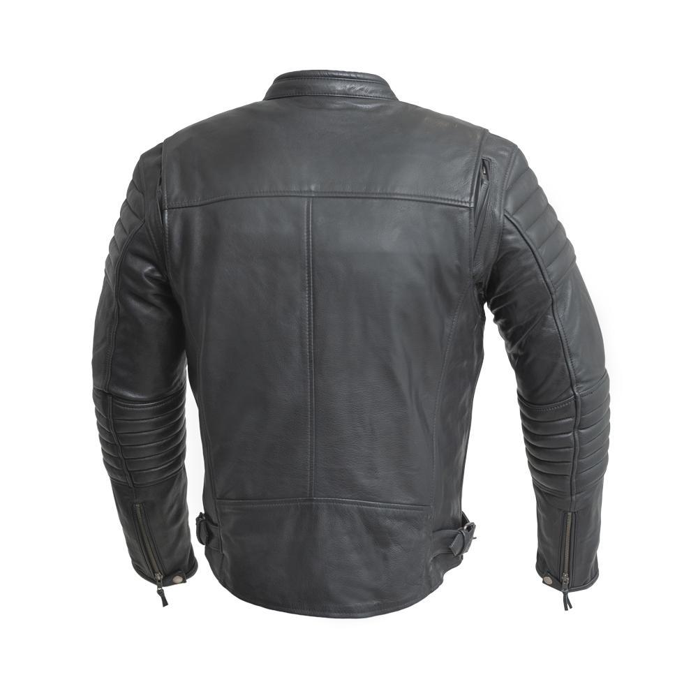 Commuter Men's Motorcycle Leather Jacket in black, featuring vintage naked cowhide, padded shoulders, and multiple pockets.