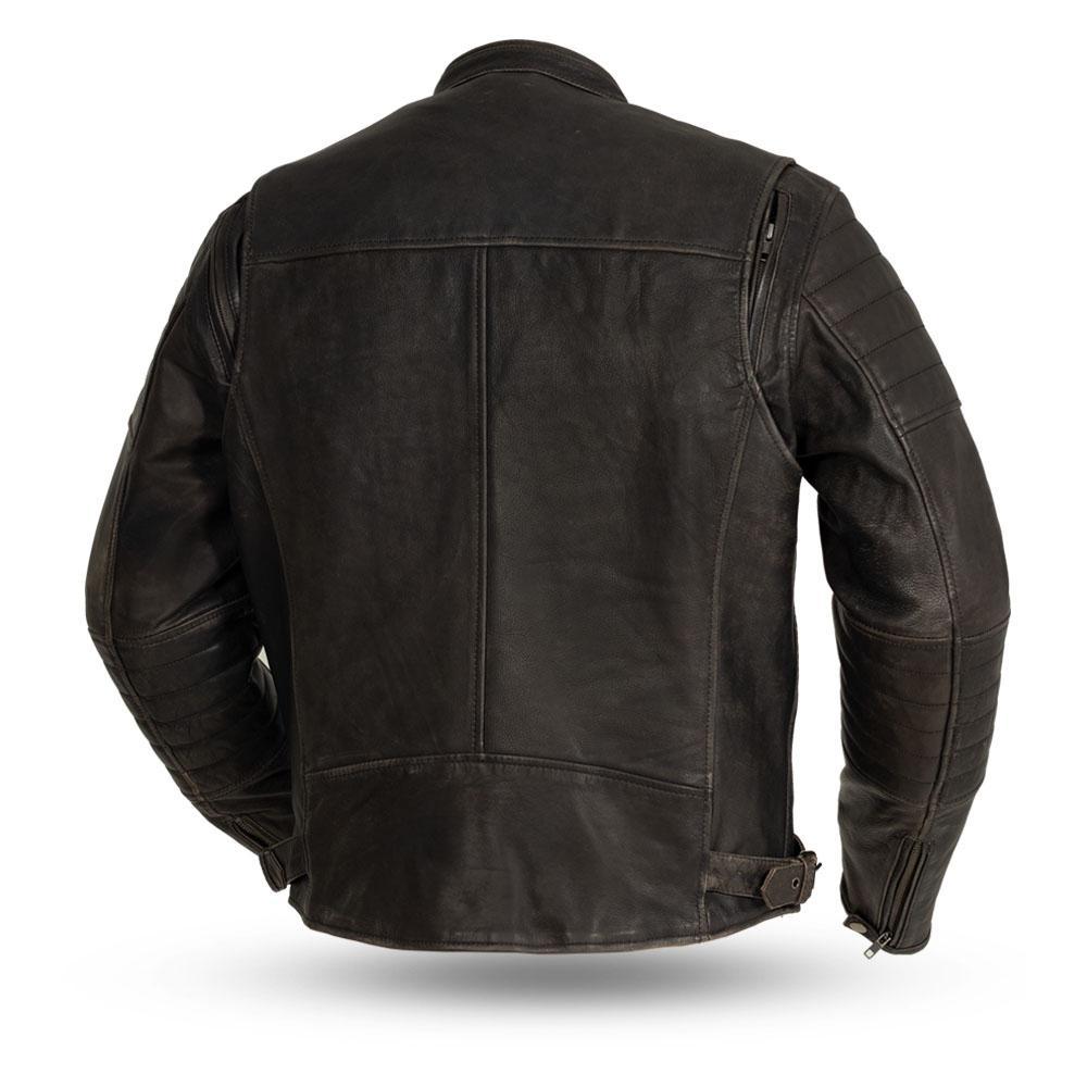 Brown Commuter Men's Motorcycle Leather Jacket made from vintage naked cowhide, featuring a banded collar and multiple pockets.