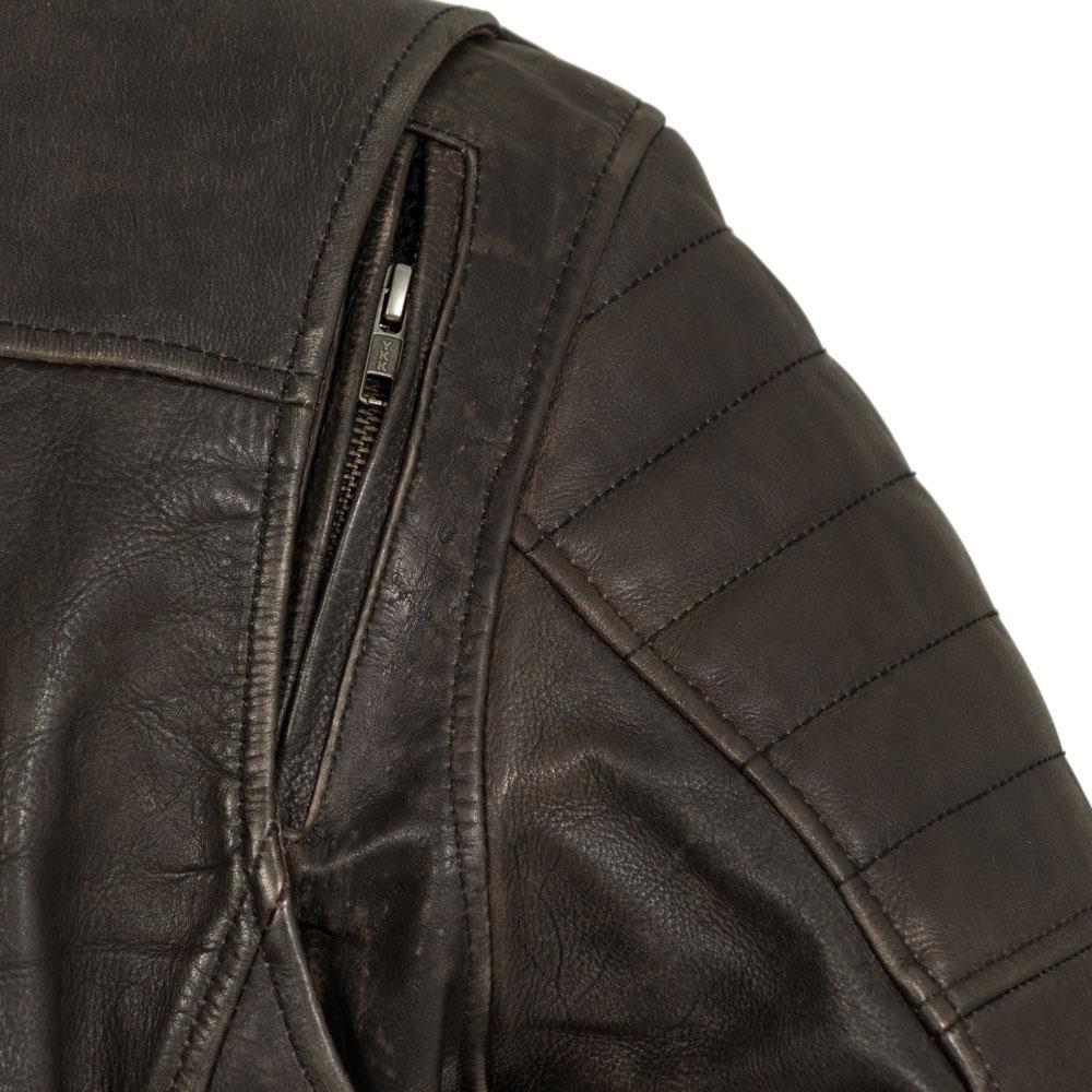 Brown Commuter Men's Motorcycle Leather Jacket made from vintage naked cowhide, featuring a banded collar and multiple pockets.