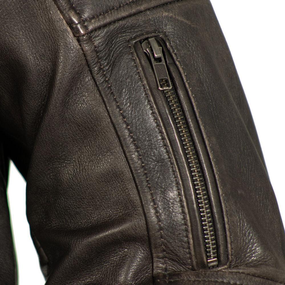 Brown Commuter Men's Motorcycle Leather Jacket made from vintage naked cowhide, featuring a banded collar and multiple pockets.