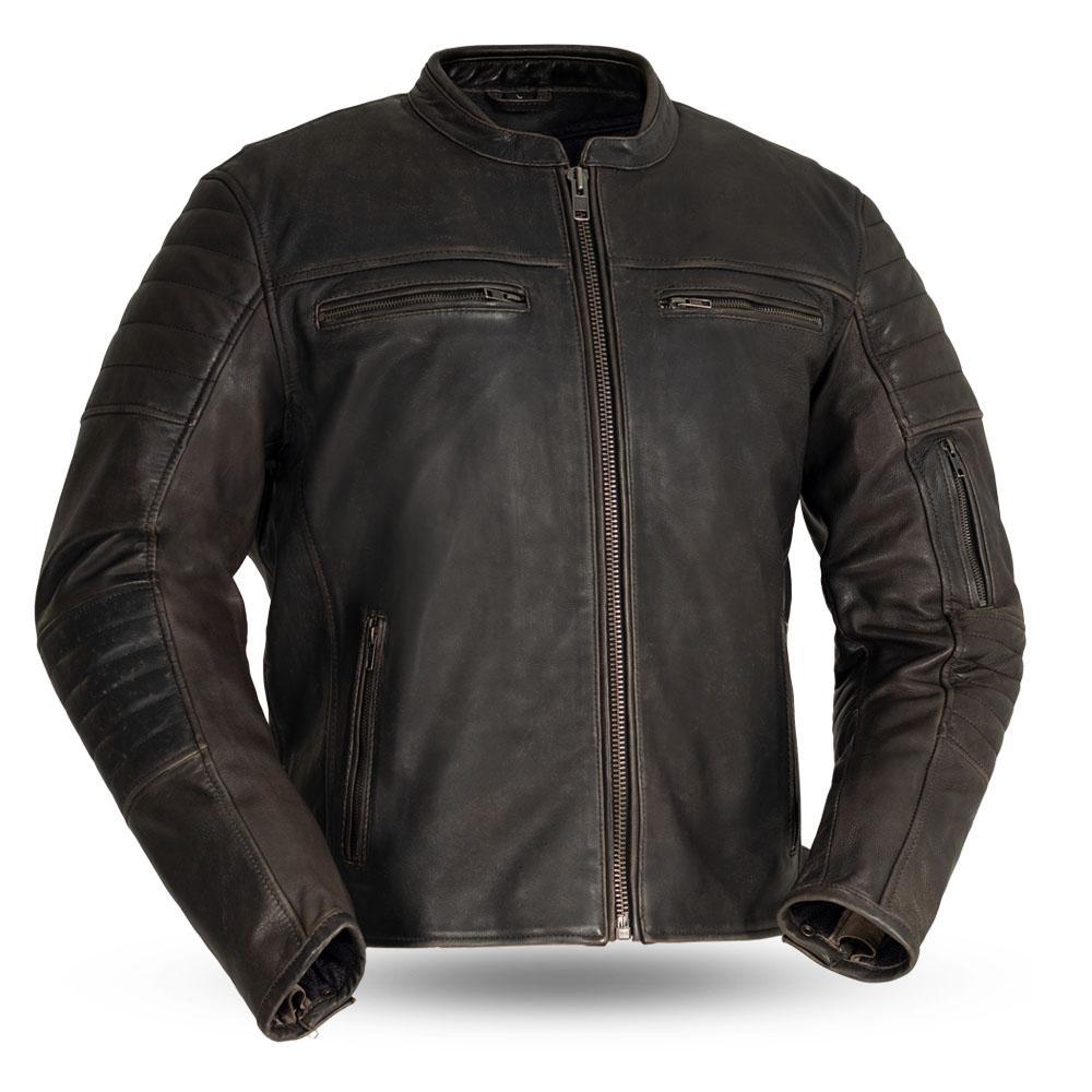 Brown Commuter Men's Motorcycle Leather Jacket made from vintage naked cowhide, featuring a banded collar and multiple pockets.