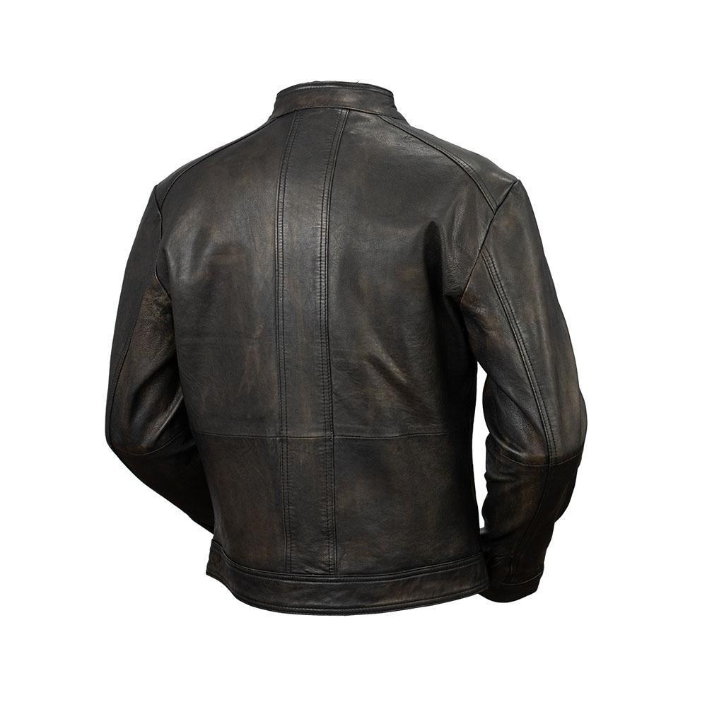 Cruiser scooter jacket in distressed black lambskin leather with stripe detail, featuring multiple pockets and snap and zip sleeves.