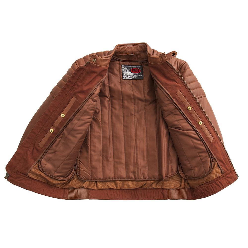 Crusader Men's Motorcycle Leather Jacket in whiskey color, showcasing premium leather and stylish design features.