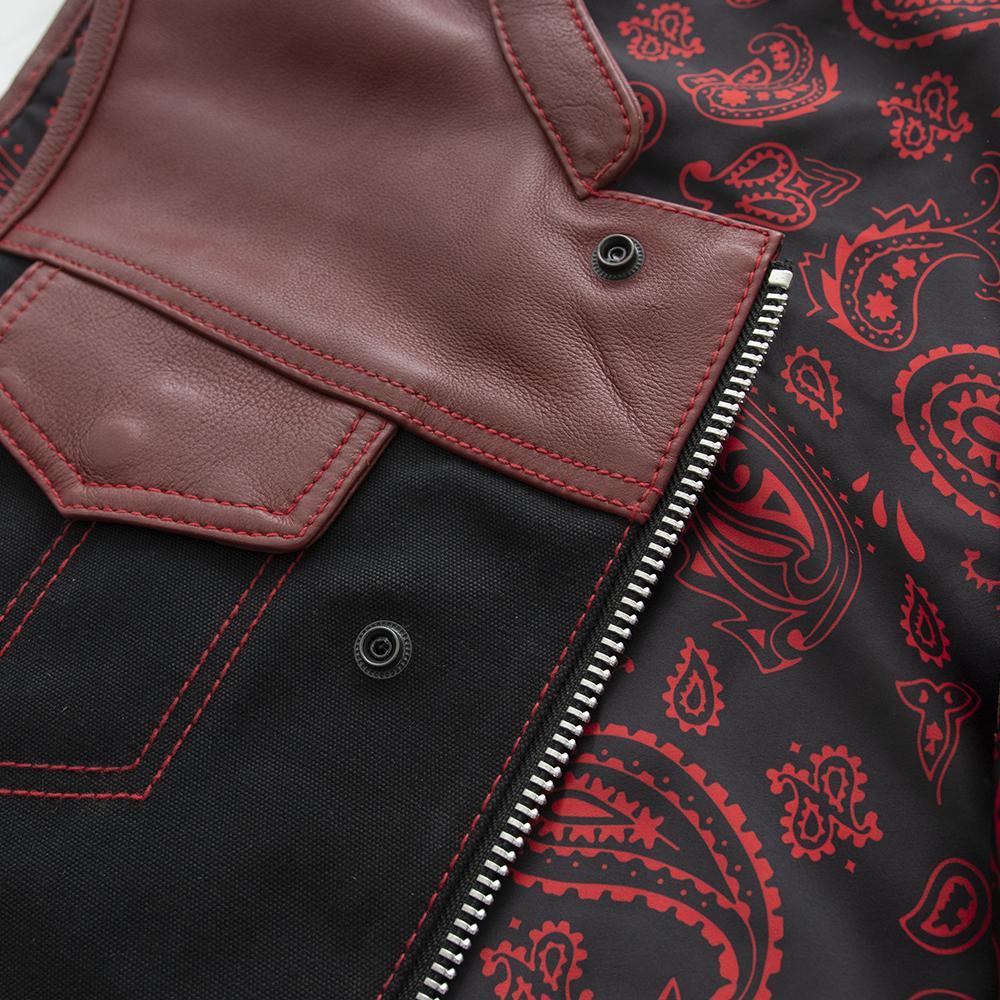 The Crusher - Limited Edition jacket featuring oxblood leather accents, red stitching, and a unique red paisley liner.